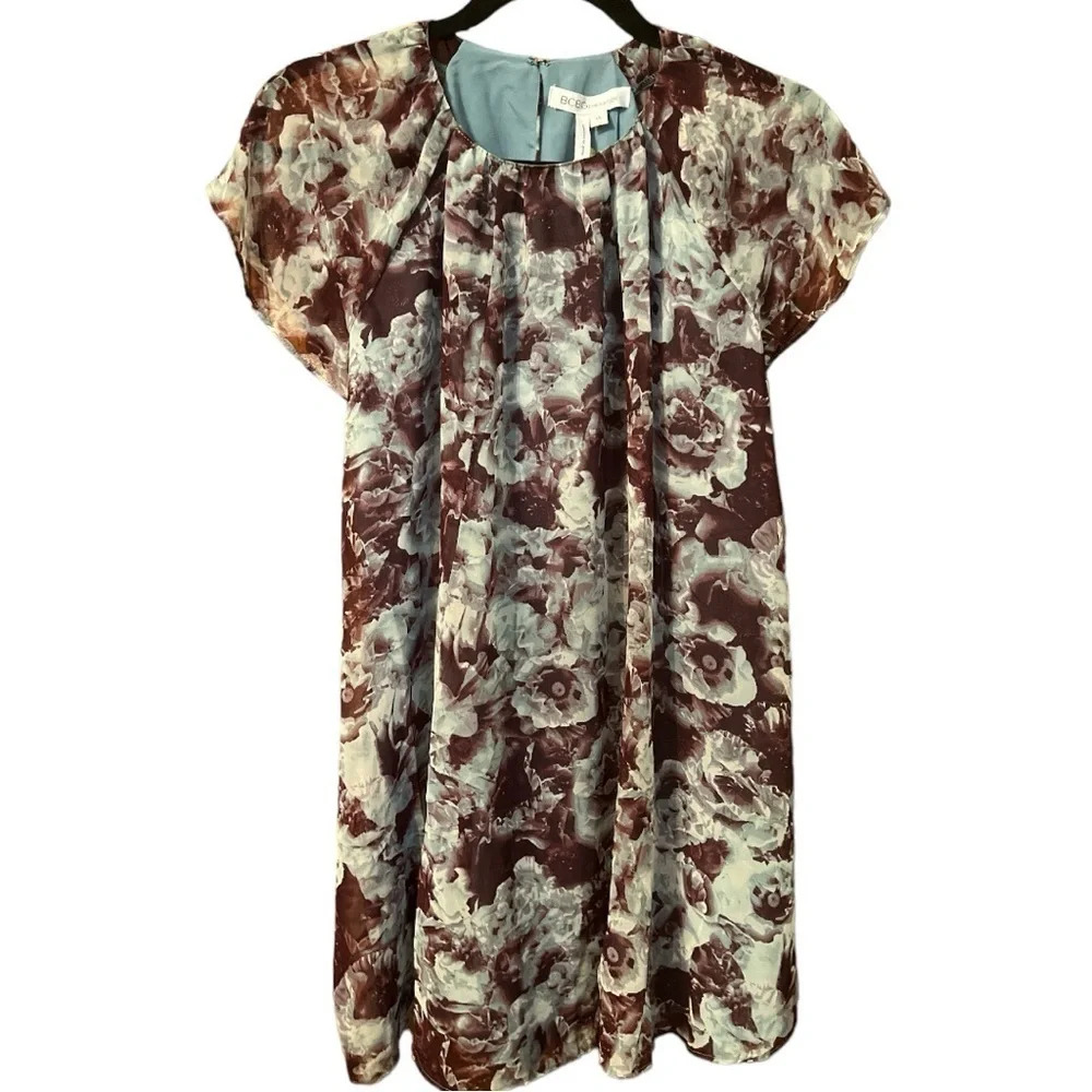 BCBGeneration Watercolor Floral Shift Dress Jadeite Multi Burgundy Blue XS NEW